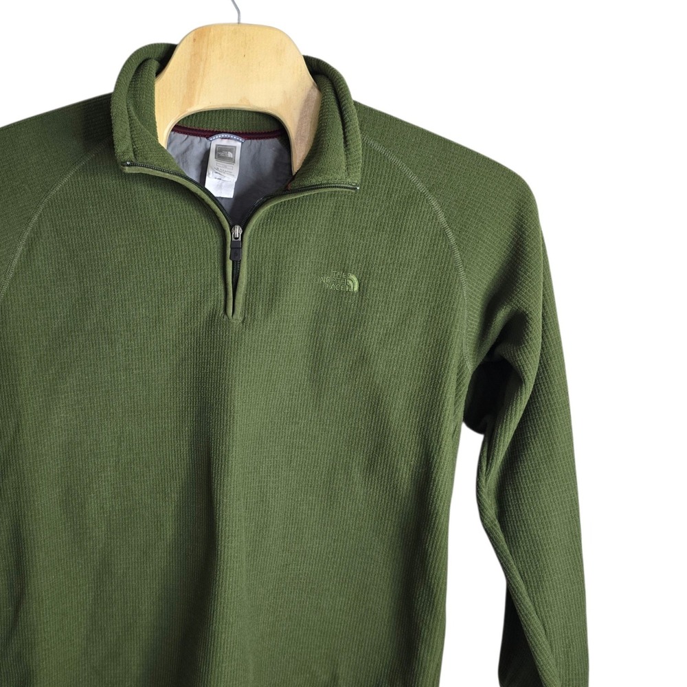 The North Face Mens Olive Green Grid Waffle Knit Quarter Zip Fleece Pullover L